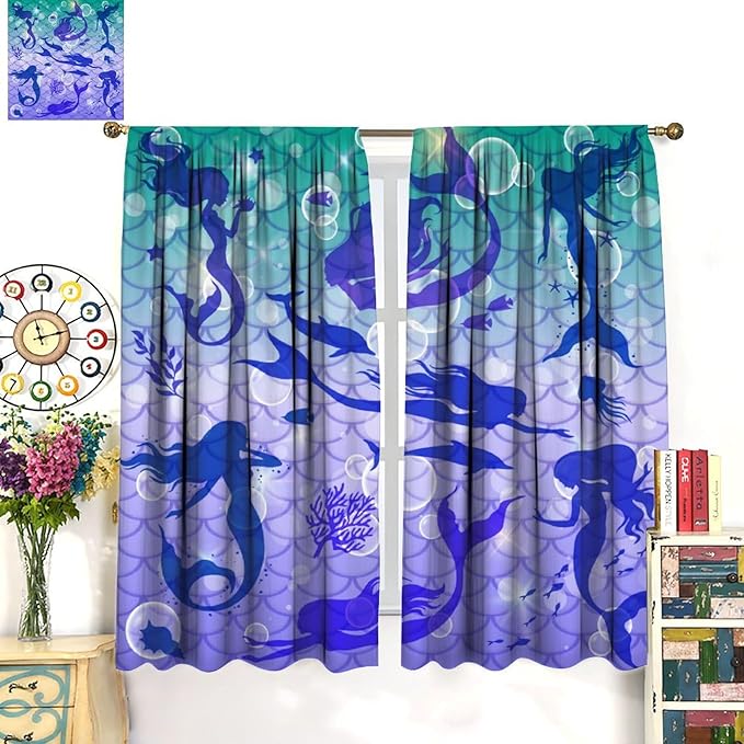 Mermaid Kids Girls Curtains Fantasy Mermaid Silhouette Ocean Theme Beautiful Blackout Window Treatment for Girls Bedroom Nursery Room Decor Rod Pocket Window Drapes 42" W X 45" L