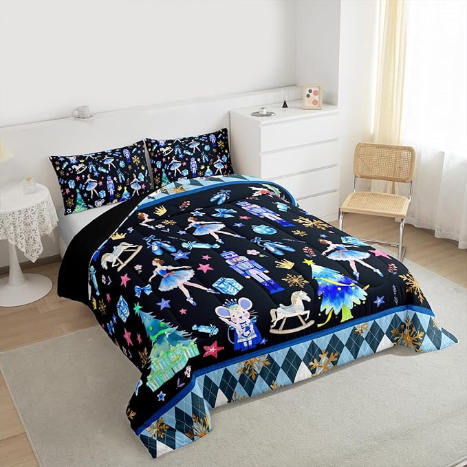 Feelyou Merry Christmas Kids Comforter Set Toddler Size Ballet Nutcracker Bedding Set Snowflake Duvet Quilt for Kids Boys Girls Bedroom Decor Microfiber Ultra Soft Breathable