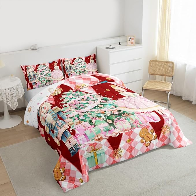 jejeloiu Christmas Nutcracker Comforter Set King Size Gingerbread Man Bedding Set for Kids Boys Girls Xmas Tree Duvet Quilt Red Bedroom Decor