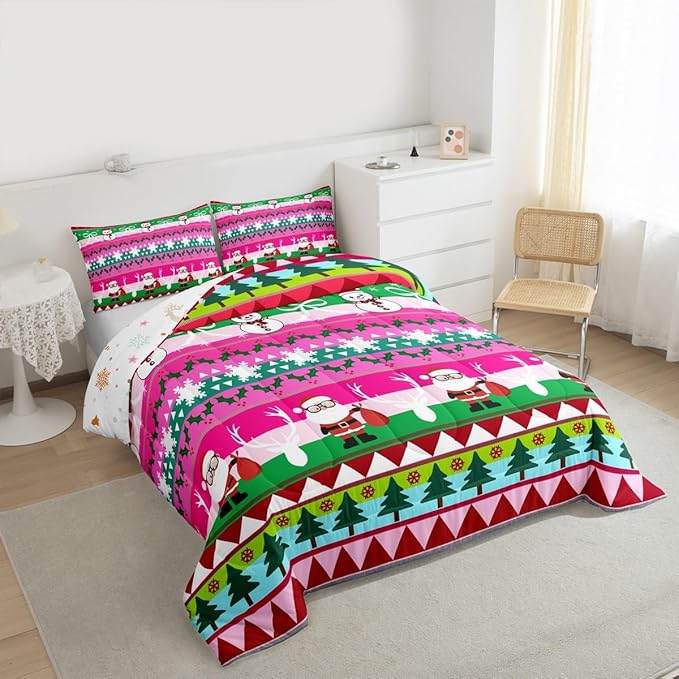 Feelyou Merry Christmas Tree Kids Comforter Set Full Size Cute Snowman Bedding Set Santa Claus Duvet Quilt for Kids Boys Girls Bedroom Cartoon Bowknot Decor Microfiber Ultra Soft Breathable