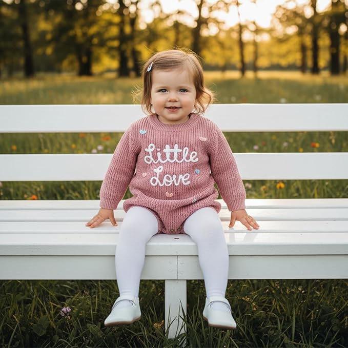 Lesimsam Newborn Baby Boy Girl Valentines Day Outfit Oversized Embroidery Long Sleeve Knit Sweater Bubble Romper Bodysuit