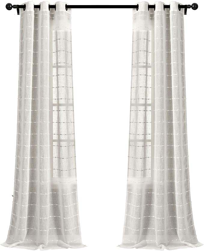 Lush Decor Farmhouse Textured Grommet Sheer Window Curtain Panel Pair, 38"W x 95"L, White
