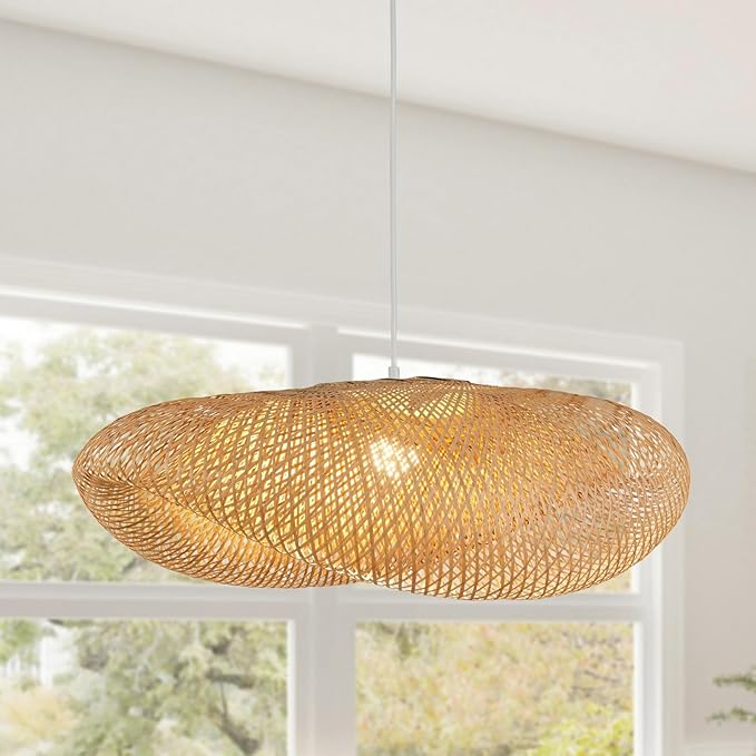 Bamboo Chandelier 32.25 Inch Extra Large Rattan Chandelier, Hand Woven Bamboo Rattan Pendant Lights Wicker Hanging Light Fixture with Adjustable Height for Kitchen Island Living Room Dining Room Bar