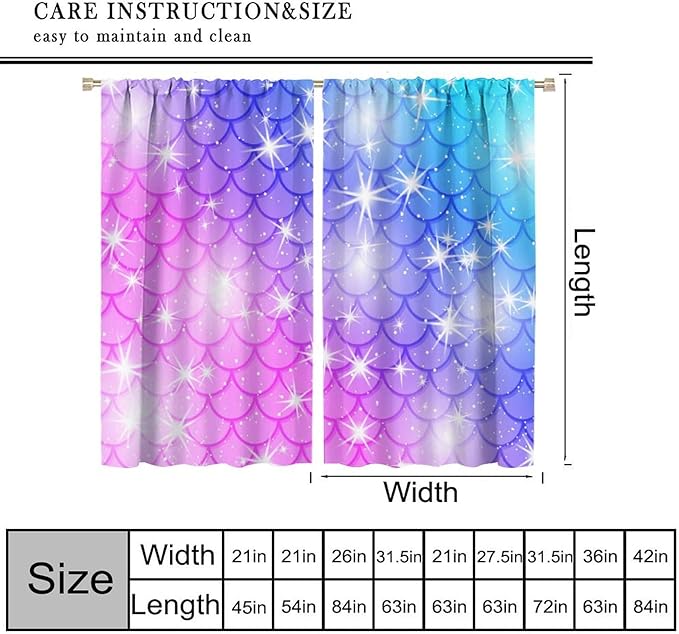 Mermaid Blackout Curtains, Kids Cartoon Blue and Pink Ocean Mermaid Scale Pattern Decoration for Girls Bedroom Nursery Curtains 72x63 Inch