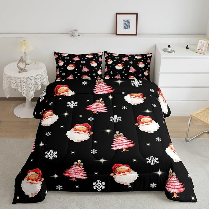 jejeloiu Kids Christmas Theme Comforter Set Toddler Xmas Tree Cute Santa Claus Bow Bedding Set for Boys Girls Teens Winter Snowflake Happy New Year Duvet Quilt Room Decor