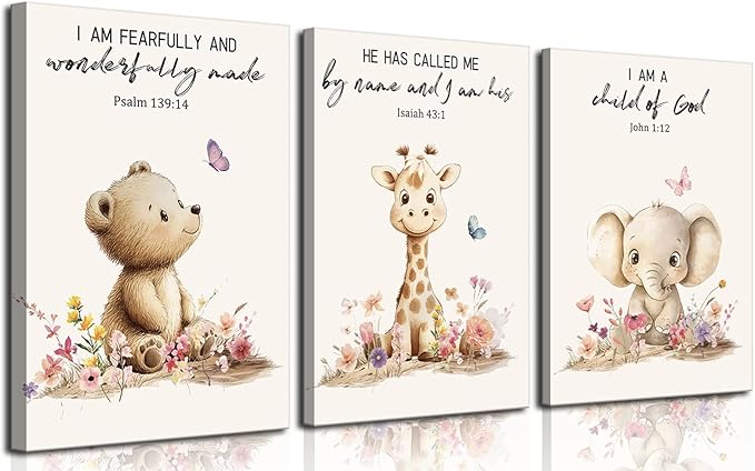 3Pcs Nursery Animal Bible Verse Canvas Wall Art Cute Bear Elephant Giraffe Wall Decor Pictures Christian Baby Nursery Posters Prints for Kids Boys Girls Room Home Decoration 12x16in