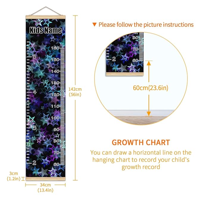 Personalized Kids Name Growth Chart Ruler for Wall Wood Frame Height Measure Chart 13.4x56 in Linen Hanging Height Growth Chart Stars Blue Pink Kids Room Decor