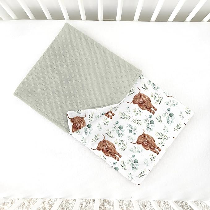 Highland Cow Baby Blankets for Girl Boy 30" x 40", Green Eucalyptus Leaf Soft Double Layer Minky Blanket Dotted Fleece Back, Nursery Bed Receiving Quilt Newborn Infant Toddler Shower Gift