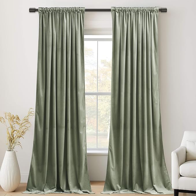 StangH Sage Green Living Room Curtains 105 inches Long Soft Velvet Thermal Insulated Room Darkening Door Drapes Heavy Thick Privacy Panels for Bedroom, W52 x L105, 2 Panels