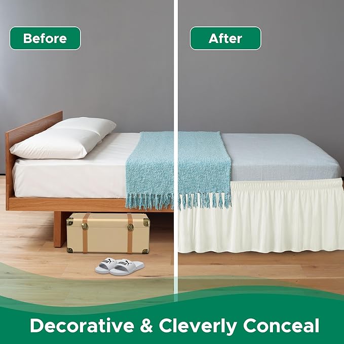 Biscaynebay Wrap Around Bed Skirts for King & Cal King Beds 15" Drop, Ivory Adjustable Elastic Dust Ruffles Easy Fit Wrinkle & Fade Resistant Silky Luxurious Fabric Machine Washable