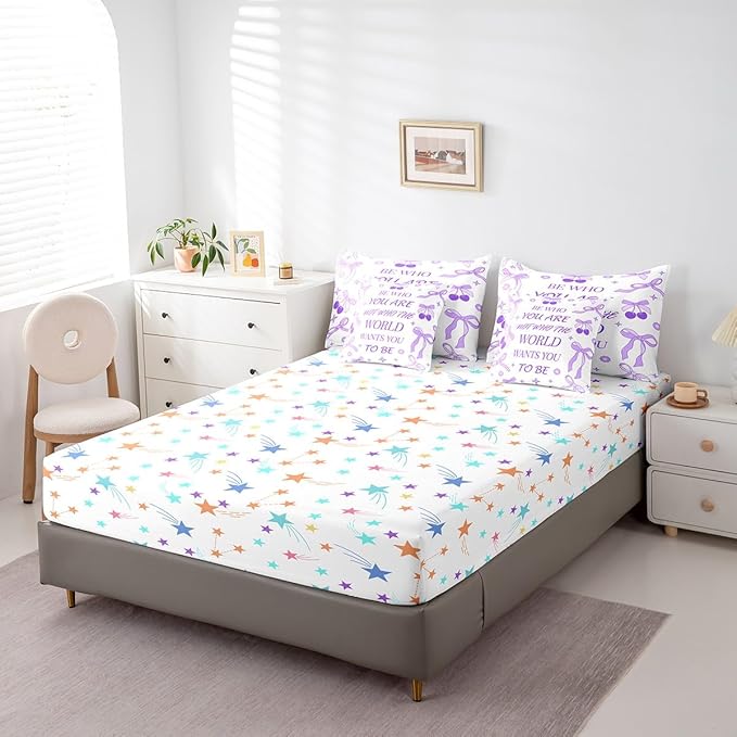 7 Pieces Purple Bowknot Kids Comforter Set King,Cherry Tropical Fruit Stars Daisy Cute Bedding Set,Bow Tie Cartoon Princess Romantic（Comforter+Fitted+Flat Sheet+2 Pillowcases+2 Throw Pillow Covers）
