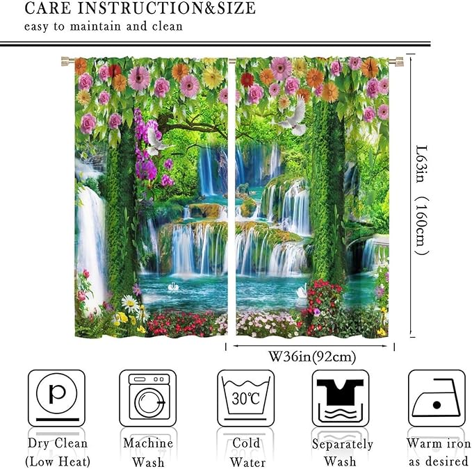 Jungle Nature Blackout Window Curtains, Trees Scenic Waterfall and River Spring Pattern Print Window Drapes, for Living Room Bedroom 72x63in 2 Panels