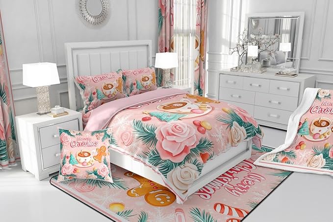 Feelyou Christmas Tree Comforter Set All Season Gingerbread Man Bedding Set with 1 Pillow Cases Merry Christmas Microfiber Kids Toddler Bedclothes Xmas Bedroom Decor Duvet Quilt Soft Lightweight