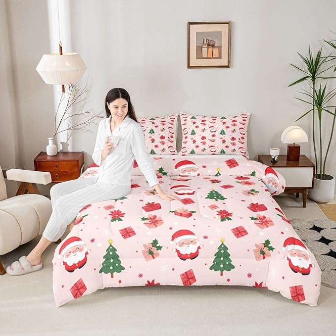 Feelyou Christmas Decor Bedding Set Soft for Boys Girls, Santa Claus Comforter Set Queen Size Xmas Duvet Quilt Microfiber Christmas Decor Bedroom Decor 3 Pcs with 2 Pillow Cases