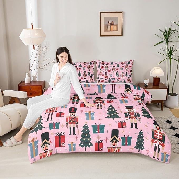 Feelyou Nutcracker Comforter Set All Season Merry Christmas Tree Bedding Set with 2 Pillow Cases Snowflake Kids Full Bedclothes Soldier Print Decor Duvet Quilt Soft Lightweight