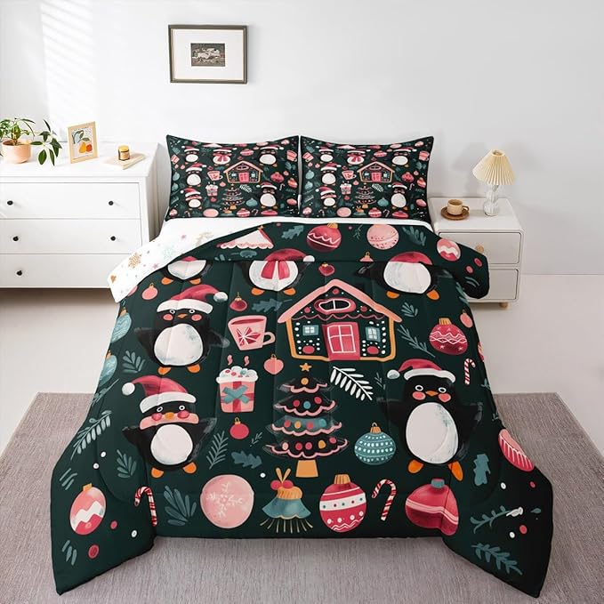 Feelyou Christmas Kids Comforter Set Queen Size Xmas Tree Ball Bedding Set Penguin Duvet Quilt for Kids Boys Girls Bedroom Gingerbread Houses Decor Microfiber Ultra Soft Breathable