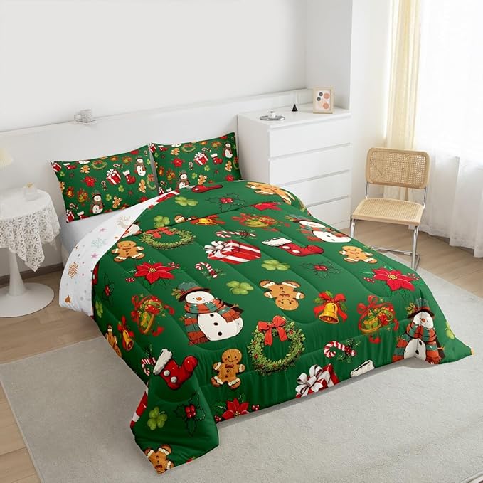 jejeloiu Merry Christmas Comforter Set Full Size Cute Snowman Bedding Set for Kids Boys Girls Gingerbread Man Duvet Quilt Green Bedroom Decor
