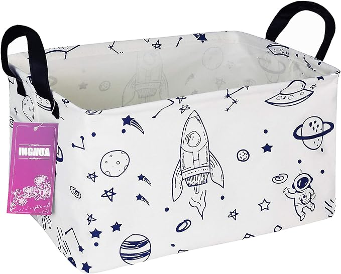 Rectangular Storage Basket Fabric Organizer Bin for Toys,Books,Clothes,Gifts,Pets-Perfect for Home,Office,Nursery,Dorm,Shelf(Rec Spaceships)