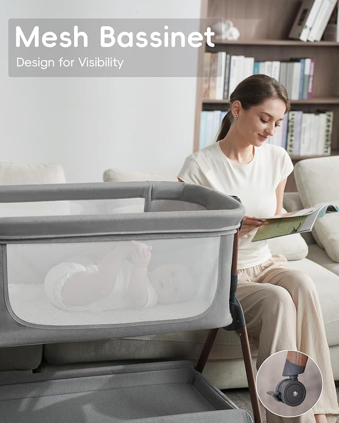 Baby Bassinet - Bassinet Bedside Sleeper,3-in-1 Bedside Bassinets for Baby,Rocking Bassinet with Comfy Mattress,Wheels,Breathable Mesh& Storage,6 Height Adjustable Crib,ASTM Certified(Grey)