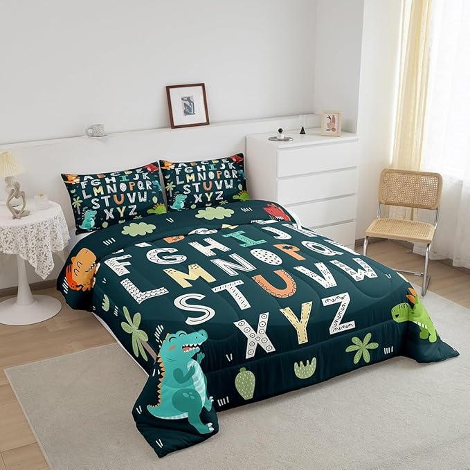 Feelyou Alphabet Kids ABC Learning Bedding Set Queen Size, Cartoon Dino Comforter Kids Educational Nursery Art Comforter Set for Boys Girls Jungle Dino Duvet Set Durable Bed Set 3Pcs