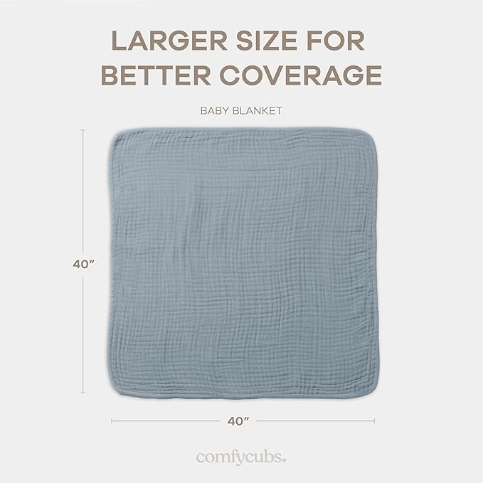 Comfy Cubs Muslin Baby Blanket - Soft, Lightweight, 6-Layer Cotton Swaddle Blankets for Newborns, Infants & Toddlers - 40" x 40" Large, Breathable & Versatile for Sleeping & Tummy Time - Pacific Blue
