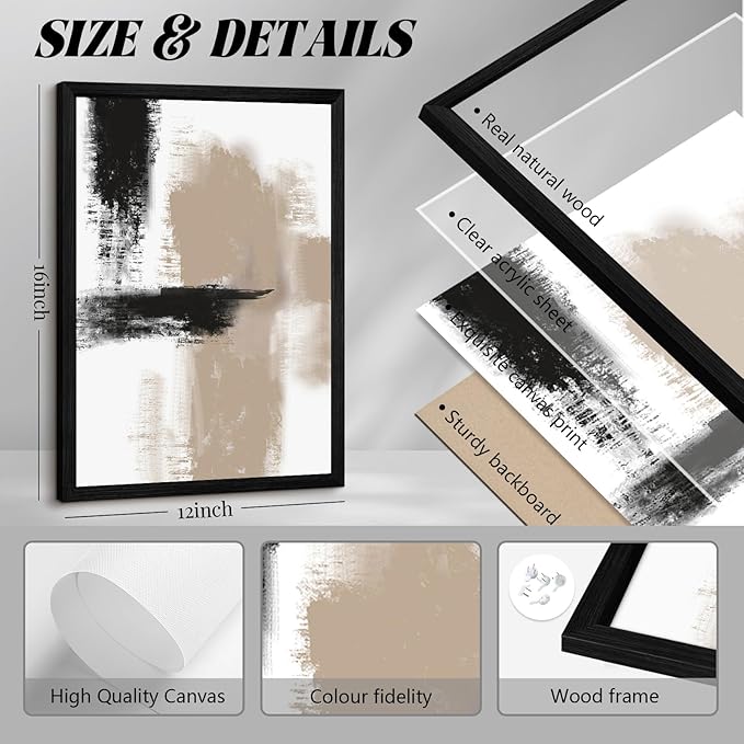 Beige Abstract Wall Art Painting Set of 3 Neutral Canvas Wall Art Prints Black Beige Modern Wall Decor Minimalist Art Pictures Abstract Modern Artwork for Room Bedroom 12x16 Inch Wood Framed