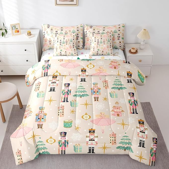 Erosebridal 7Pcs Beige Christmas Comforter Set Twin Size,Princess Nutcracker Bedding Set,Xmas Tree Snow Bed in A Bag for Kids Boys Girls,Starry Sky Christmas Decoration Quilt with Flat Fitted Sheet