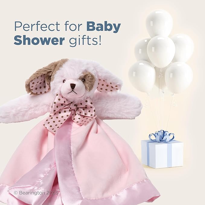 Bearington Baby Wiggles Snuggler - 15" Pink Puppy Lovey Security Blanket with Satin Trim and Plush Dog Design - Soft Lovie for Babies and Baby Security Blankets Gift for Girls and Newborns