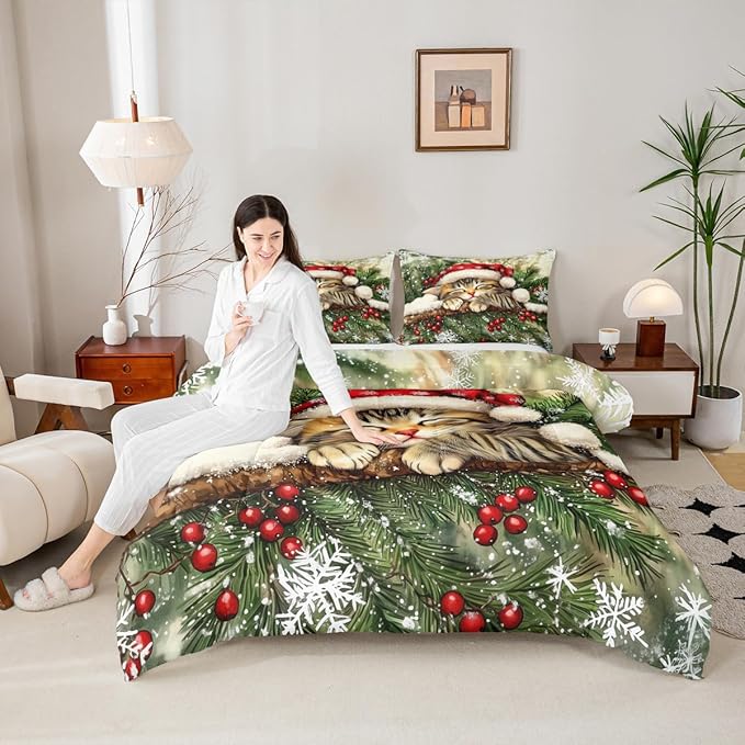 Xmas Cat Comforter Set King Size,Snowflake Holly Berries Winter Kids Bedding Set,Merry Christmas Poinsettia Animal Quilt Comforter,Green Yellow Duvet Insert,2 Pillowcases