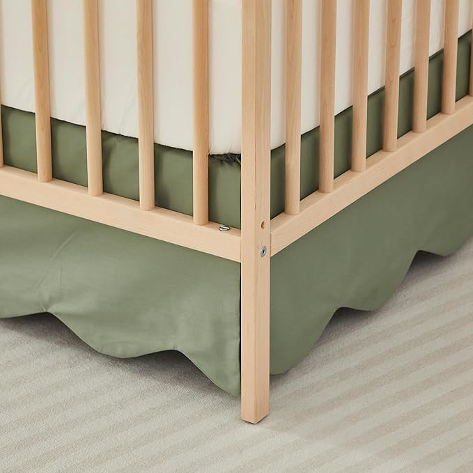 Brandream Scallop Edge Cotton Crib Skirt Toddler Bedskirt Baby Nursery Crib Bed Skirt Boho Bohemian Neutral Solid Color Vintage Sage Green Farmhouse Chic Boho Bohemian Skirt