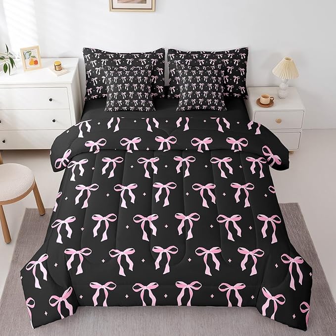 7 Pieces Pink Bowknot Kids Comforter Full,Stars Watercolor Bow Tie Patchwork Bedding Set,Butterfly Knot Princess Black Noble Chic（Comforter+Fitted+Flat Sheet+2 Pillowcases+2 Throw Pillow Covers）