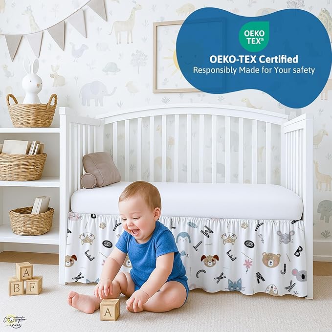 Cottington Lane Crib Skirt Dust Ruffle, 100% Natural Cotton, Soft, Durable Nursery Crib Toddler Bedding Skirt for Baby Girls or Boys, Fits Standard Cribs 28" x 52" with 14" Drop, Alphabet Adventure