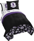Jay Franco Wednesday Addams Full Comforter Set - 7 Piece Bedding Includes Sheet Set & Pillow Covers - Black and Grey Stripes Super Soft Kids Bedding