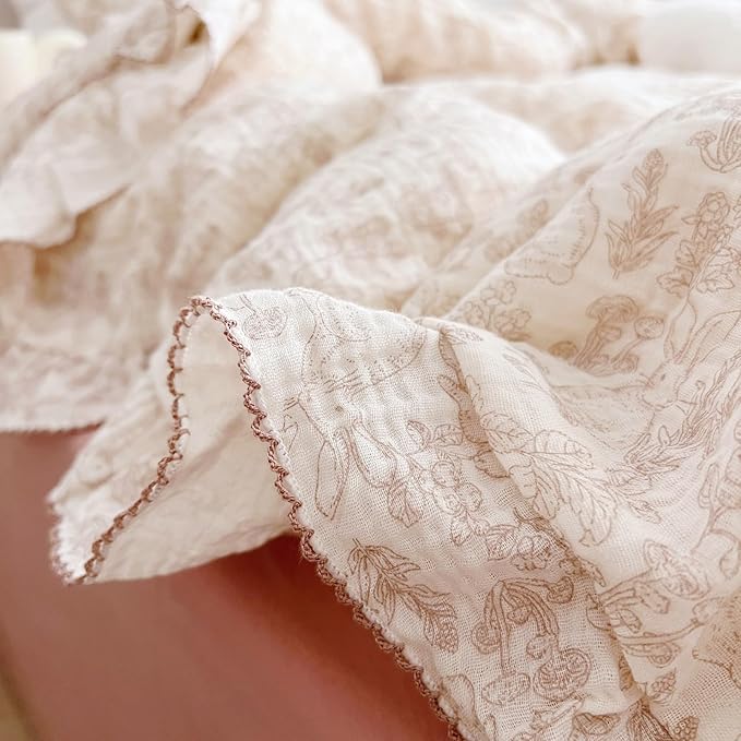 BuLuTu Rabbit Duvet Cover Full Size Kids Duvet Cover 79"x90" Muslin Cotton Quilt Cover with Chic Ruffles, Girls Comforter Cover with Zipper Closure, Machine Wash, All Seasons