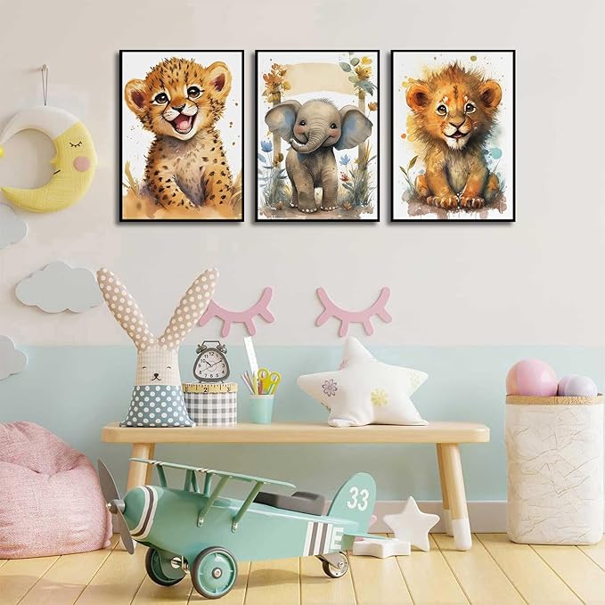 3Pcs Baby Safari Animal Wall Art Jungle Watercolor Animal Wall Decor Picture Painting Nursery Poster Prints Artwork for Boy Girl Room Home Decoration Unframed 12x16 In