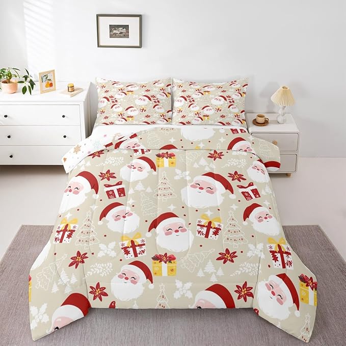 jejeloiu Santa Claus Comforter Set King Size Merry Christmas Bedding Set for Kids Boys Girls Xmas Themed Duvet Quilt Beige Bedroom Decor