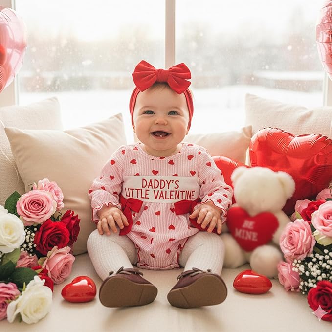 Amiblvowa Baby Girl Valentines Day Outfit Embroidery Love Heart Smocked Bubble Romper Bodysuit Cute Infant Newborn Clothes