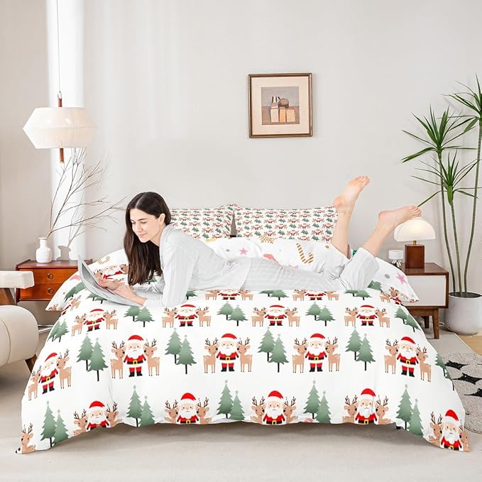 Christmas Duvet Cover Cartoon Santa Claus Bedding Set for Kids Boys Girls Teens Room Decor Cute Deer Christmas Tree Comforter Cover Set Xmas Theme Bedspread Cover 2Pcs Zipper Toddler Size