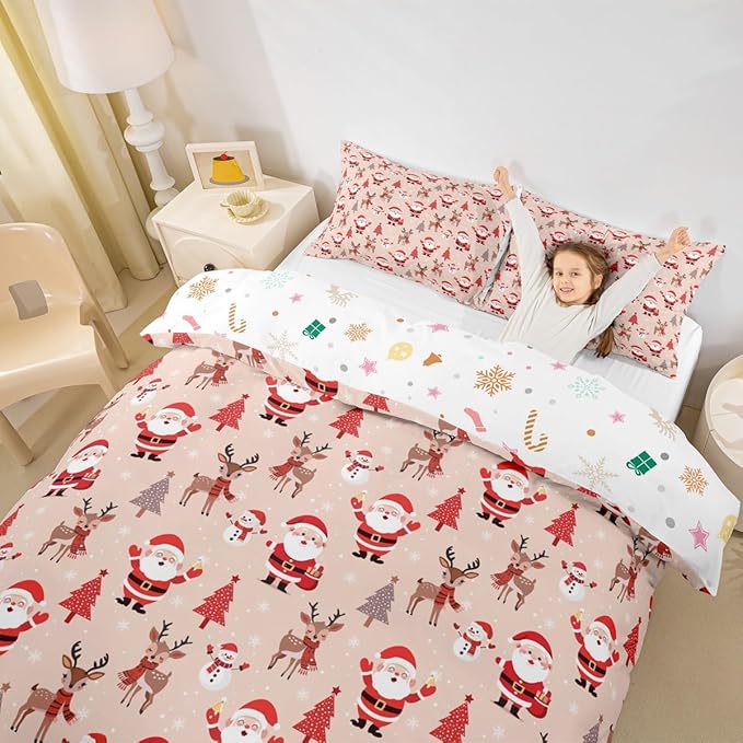 Christmas Kids Bedding Set Santa Claus Bedding Duvet Cover Set for Boys Girls Christmas Tree Deer Decor Comforter Cover Set Snowflake Xmas Theme Bedspread Cover Bedroom Quilt Cover 2Pcs Twin Size