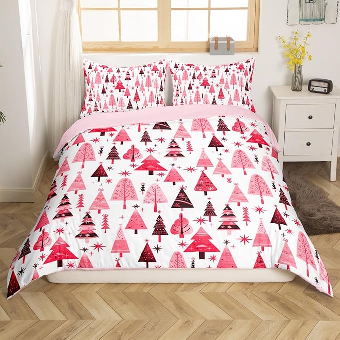 Manfei Pink Xmas Trees Duvet Cover Set Twin Size, Christmas Theme Bedding Set 2pcs for Kids Boys Girls Adults, Happy New Year Comforter Cover Soft Polyester Quilt Cover with 1 Pillowcase,No Comforter
