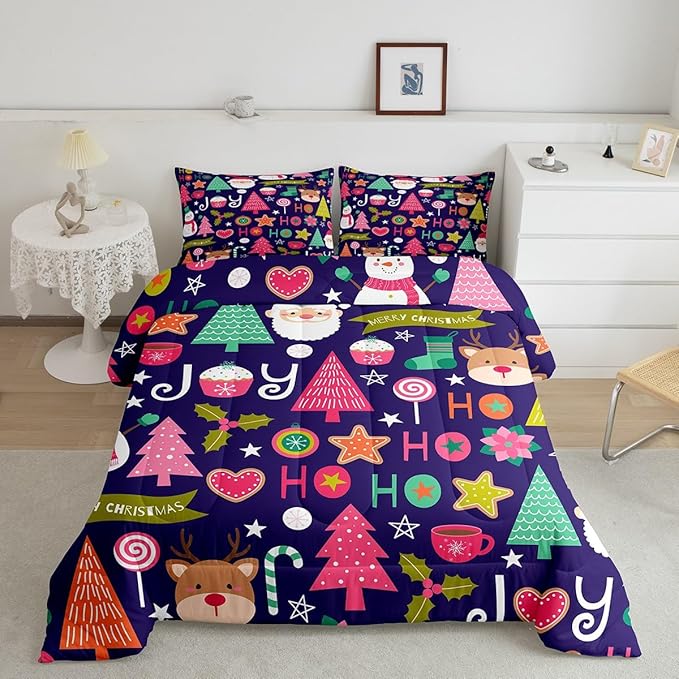 Merry Christmas Kids Comforter Set Twin Size,Cartoon Santa Claus Snowman Bedding Set,Boys Girls Adults Room Decor,Pines Deer Cute Xmas Down Comforter,Colorful Romantic Duvet Insert,1 Pillowcase
