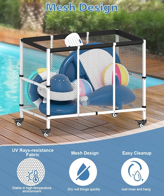 150 Gallon Swimming Pool Storage Bin, Outdoor Rolling Pool Toy Organizer Cart for Swimming Acessories, Pool Noodles Holder for Floaties, Life Vests, Beach Essentials, Patio Furniture, White