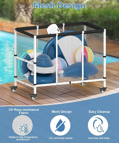 150 Gallon Swimming Pool Storage Bin, Outdoor Rolling Pool Toy Organizer Cart for Swimming Acessories, Pool Noodles Holder for Floaties, Life Vests, Beach Essentials, Patio Furniture, White