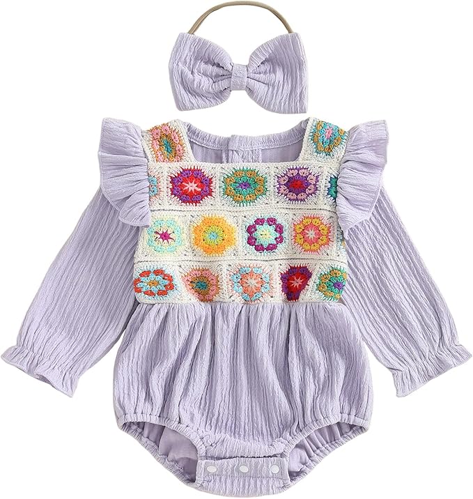 Gaono Newborn Baby Girl Smocked Bubble Romper Cute Boho Summer Clothes Ruffle Sleeveless Crochet Flower Vintage Bodysuit