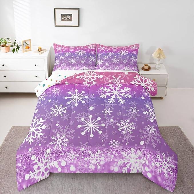 Feelyou Christmas Comforter Set All Season Pink Purple Bedding Set with 1 Pillow Cases Winter Snowflake Microfiber Kids Twin Bedclothes New Year Holiday Bedroom Decor Duvet Quilt Soft Lightweight