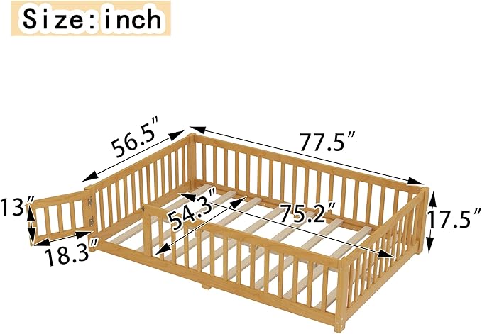 Bellemave Full Size Floor Bed Frame with Fence and Door for Kids, Montessori Floor Bed with Slats and Safety Guardrails,Solid Wood Full Bed Frame for Girls Boys,Natural