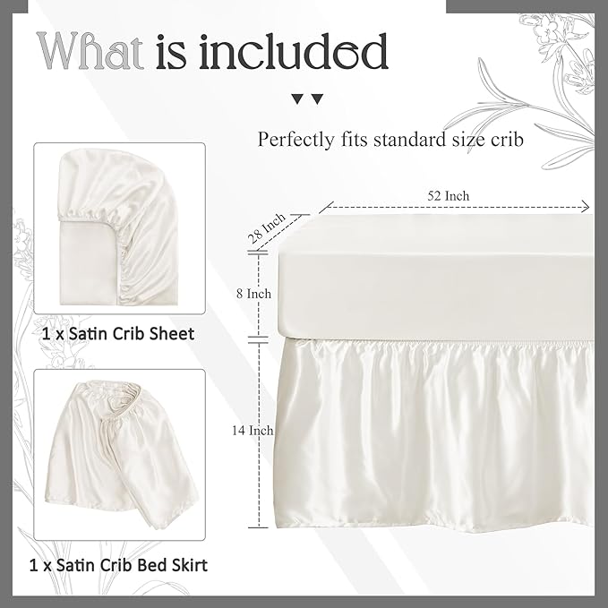 SiinvdaBZX 2-Piece Set Satin Crib Sheets & Crib Bed Skirt, 52" x 28" Silky Soft Ruffled Baby Crib Skirt with Adjustable Elastic 14" Drop, Fit for Standard Crib & Toddler Bedding (Ivory White)