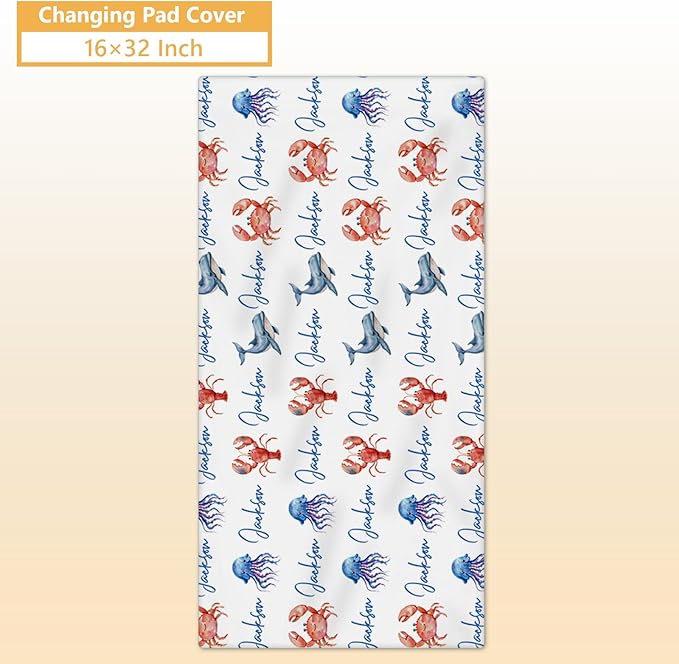 Personalized Crib Bedding Set, 5 Pcs Custom Name Nursery Bedding Sets, Marine Animals Infant Bedding Set for Baby Boy Girl, Double Layer Baby Crib Set, Babies Toddlers Kids Customized Gifts