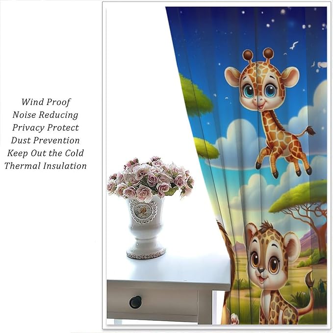 Jungle Safari Window Curtains for Kids Boys Girls Watercolor Cartoon Forest Animals Baby Living Room Bedroom Nursery Toddler Rod Pocket Drapes 55" W X 63" L
