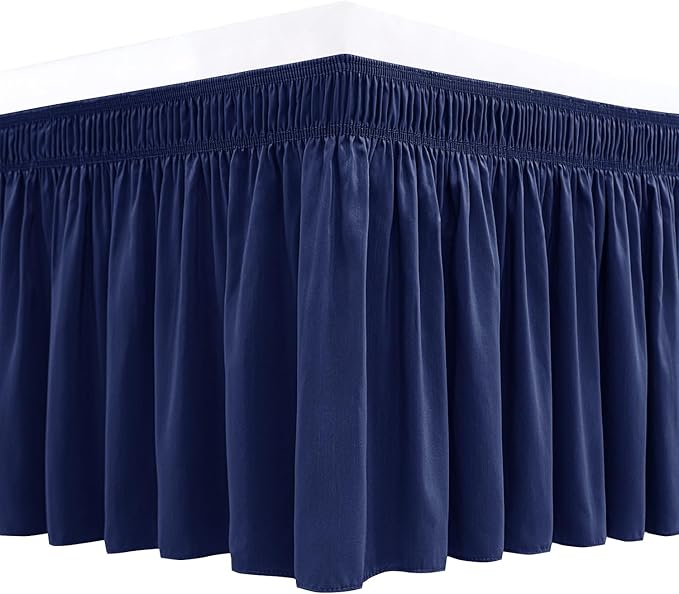 Biscaynebay Wrap Around Bed Skirts for Queen Beds 19" Long Drop, Navy Adjustable Elastic Dust Ruffles Easy Fit Wrinkle & Fade Resistant Silky Luxurious Fabric Solid Machine Washable